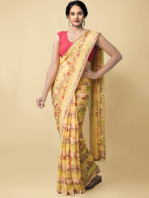 

Unnati Silks Beige & Yellow Floral Block Print Saree