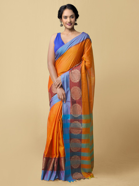 

Unnati Silks Orange & Blue Woven Design Pure Cotton Narayan Peth Saree