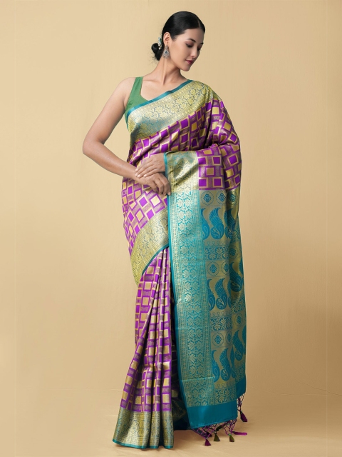 

Unnati Silks Purple & Blue Woven Design Zari Pure Silk Kanjeevaram Saree