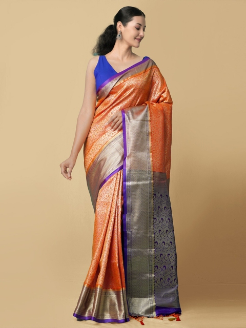 

Unnati Silks Orange & Blue Ethnic Motifs Zari Pure Silk Kanjeevaram Saree