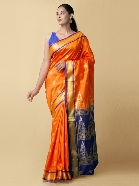 

Unnati Silks Orange & Blue Woven Design Zari Pure Silk Kanjeevaram Saree
