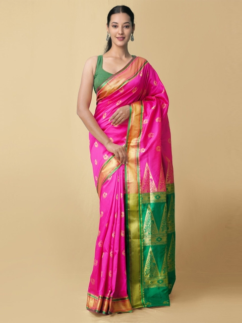 

Unnati Silks Pink & Green Woven Design Zari Pure Silk Kanjeevaram Saree