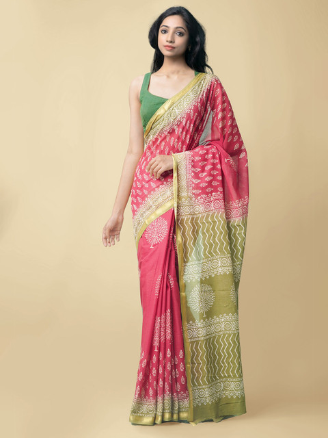 

Unnati Silks Red & Green Ethnic Motifs Zari Pure Cotton Block Print Saree