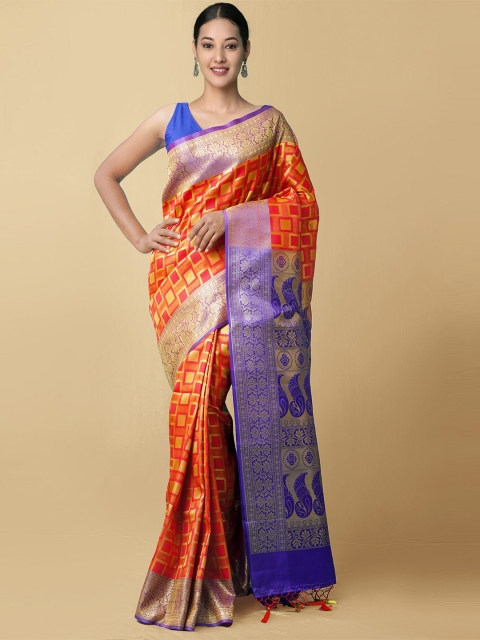 

Unnati Silks Orange & Blue Woven Design Zari Pure Silk Kanjeevaram Saree