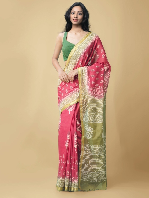 

Unnati Silks Red & Green Floral Pure Cotton Block Print Saree