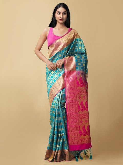

Unnati Silks Blue & Fuchsia Woven Design Zari Pure Silk Kanjeevaram Saree