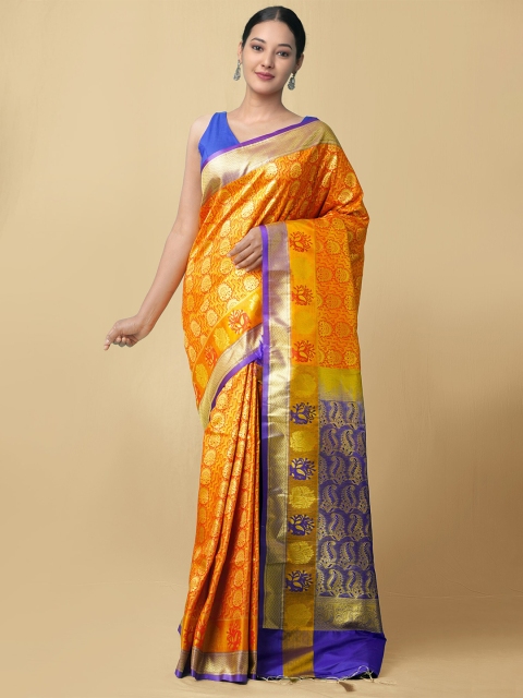 

Unnati Silks Orange & Violet Woven Design Zari Pure Silk Kanjeevaram Saree