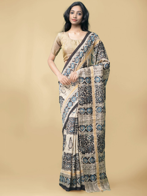 

Unnati Silks Cream-Coloured & Black Kalamkari Pure Silk Saree