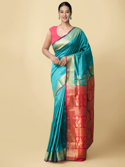

Unnati Silks Blue & Red Woven Design Zari Pure Silk Kanjeevaram Saree