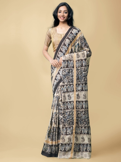 

Unnati Silks Cream-Coloured & Blue Kalamkari Pure Silk Kanjeevaram Saree