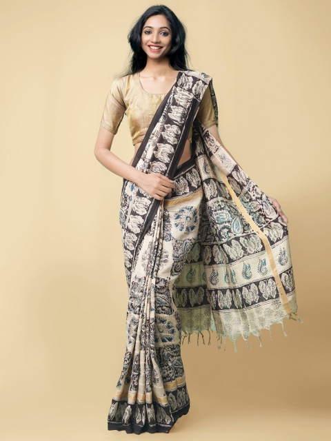 

Unnati Silks Cream-Coloured & Black Kalamkari Printed Pure Silk Kanjeevaram Saree