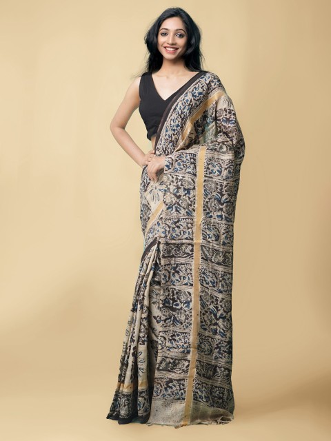 

Unnati Silks Black & Cream-Coloured Kalamkari Pure Silk Kanjeevaram Saree