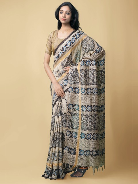 

Unnati Silks Cream-Coloured Kalamkari Printed Pure Cotton Saree