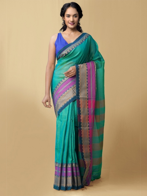 

Unnati Silks Green & Blue Zari Pure Cotton Narayan Peth Saree