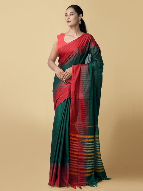 

Unnati Silks Green & Red Pure Cotton Handloom Narayan Peth Saree