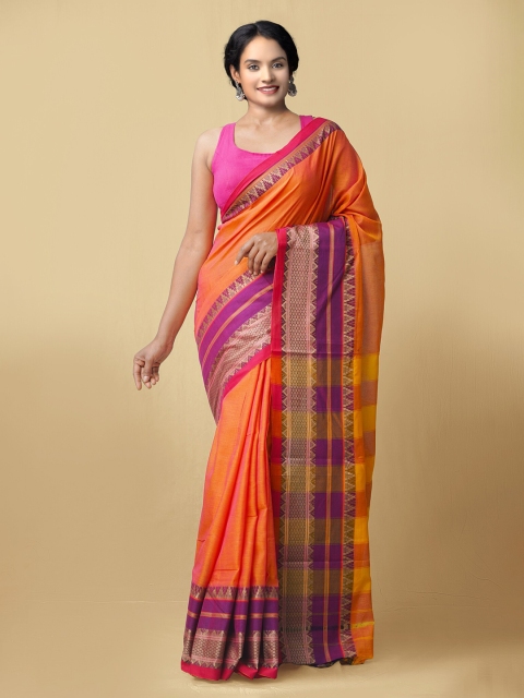 

Unnati Silks Orange & Purple Pure Cotton Narayan Peth Saree