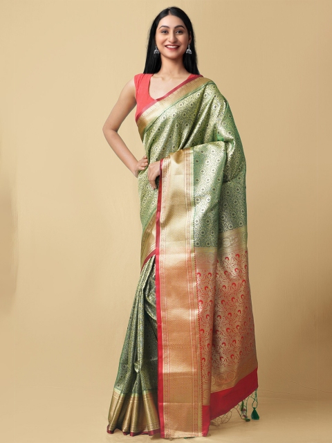 

Unnati Silks Green & Red Ethnic Motifs Zari Pure Silk Kanjeevaram Saree