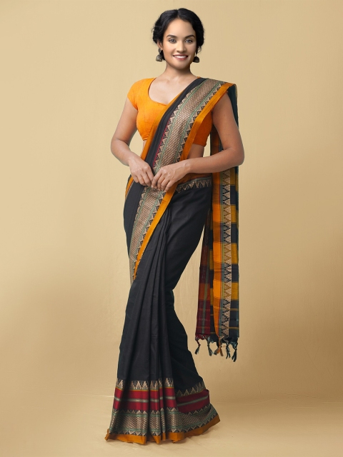 

Unnati Silks Black & Orange Woven Design Narayanpeth Pure Cotton Saree