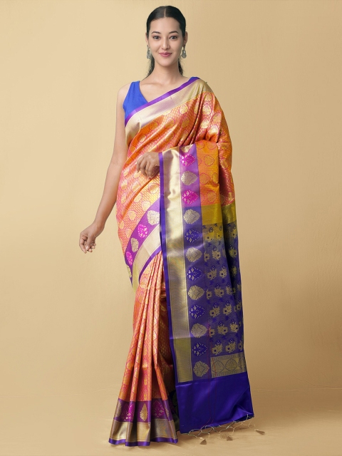 

Unnati Silks Orange & Blue Woven Design Zari Pure Silk Kanjeevaram Saree