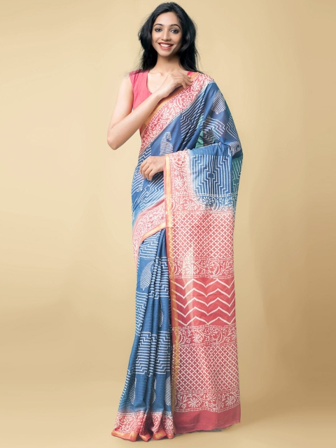 

Unnati Silks Blue & Pink Floral Pure Cotton Block Print Saree