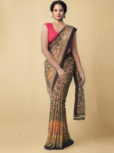 

Unnati Silks Black & Orange Ethnic Motifs Saree