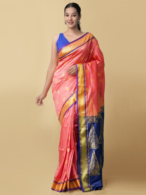 

Unnati Silks Pink & Blue Ethnic Motifs Zari Pure Silk Kanjeevaram Saree