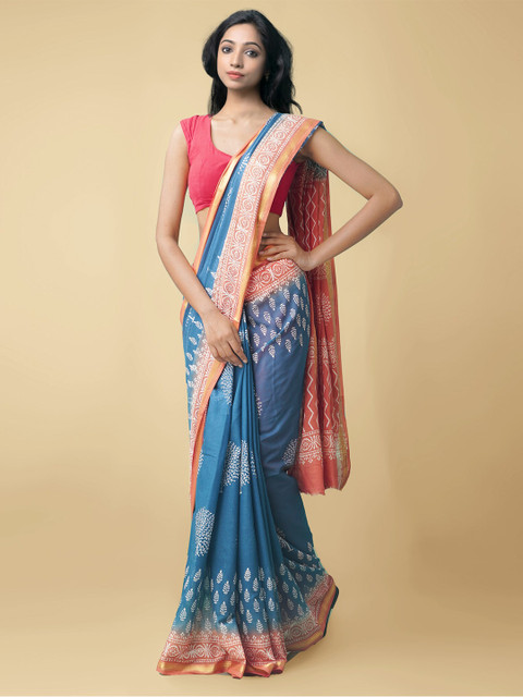 

Unnati Silks Blue & Peach-Coloured Ethnic Motifs Zari Pure Cotton Block Print Saree