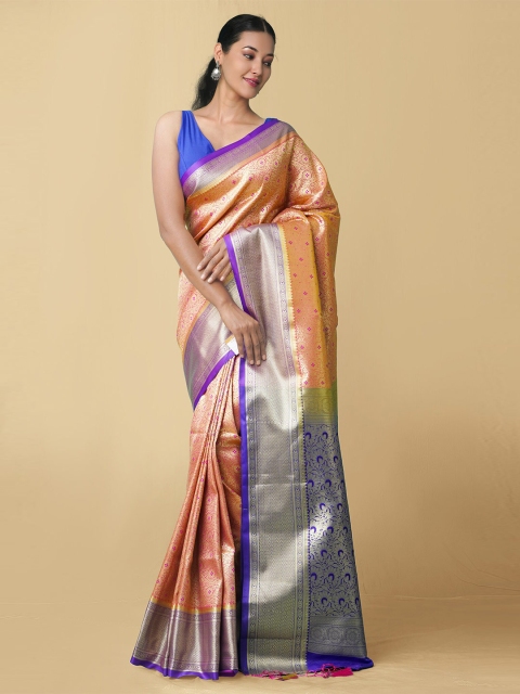 

Unnati Silks Orange & Blue Woven Design Zari Pure Silk Kanjeevaram Saree