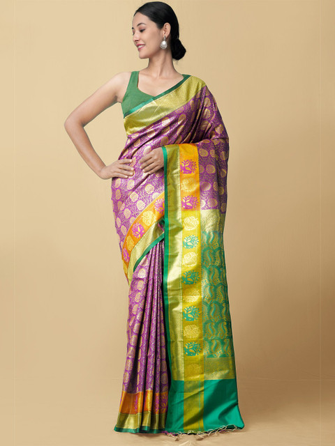 

Unnati Silks Purple & Green Ethnic Motifs Zari Pure Silk Kanjeevaram Saree