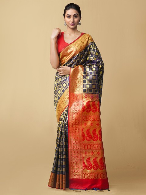 

Unnati Silks Black & Orange Woven Design Kanjivaram Pure Silk Saree