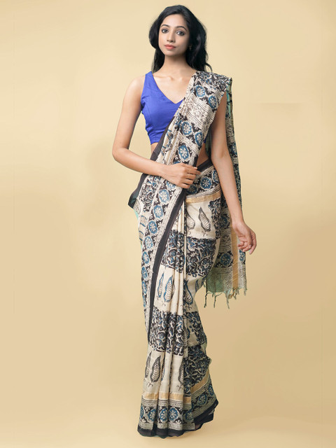 

Unnati Silks Cream-Coloured & Black Kalamkari Pure Silk Kanjeevaram Saree