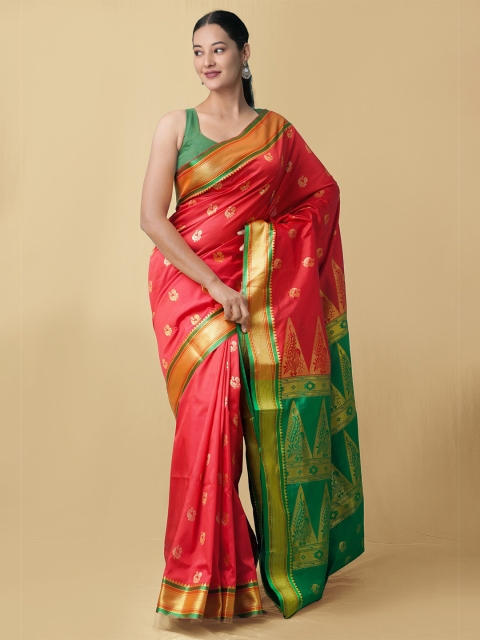 

Unnati Silks Red & Green Woven Design Zari Pure Silk Kanjeevaram Saree