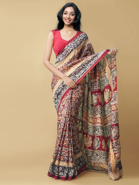 

Unnati Silks Red & Beige Kalamkari Pure Silk Block Print Saree