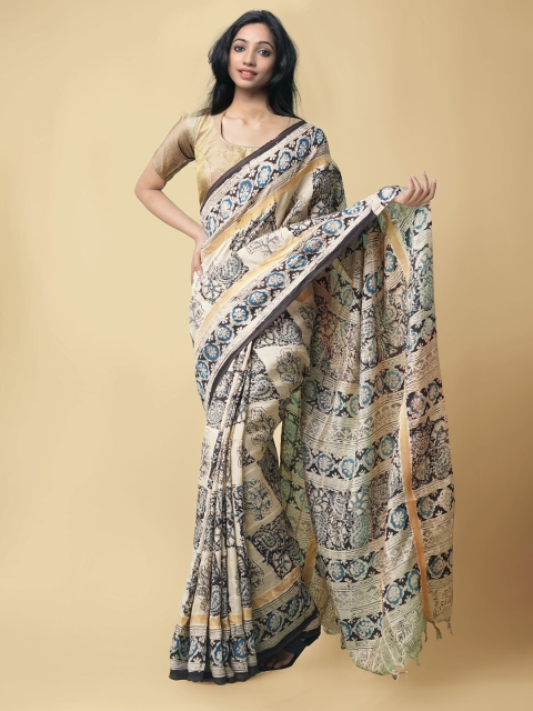 

Unnati Silks Cream-Coloured & Blue Kalamkari Pure Silk Kanjeevaram Saree