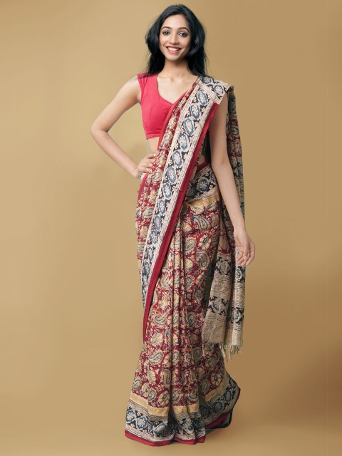 

Unnati Silks Red & Blue Kalamkari Pure Silk Kanjeevaram Saree