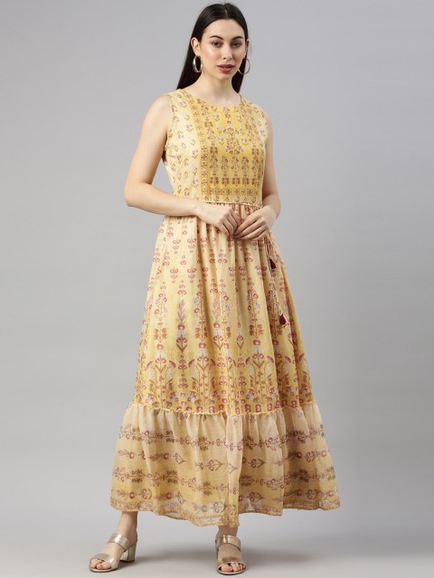 

GOLDSTROMS Women Yellow Checked Keyhole Neck Georgette Anarkali Kurta