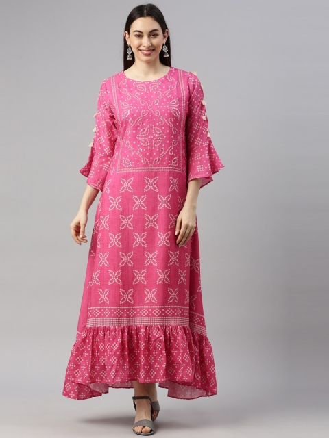 

GOLDSTROMS Women Fuchsia Geometric Printed Keyhole Neck Flared Sleeves Gotta Patti Georgette Anarkali Kurta