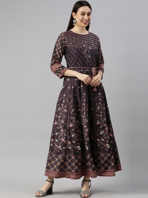 

GOLDSTROMS Women Grey Ethnic Motifs Checked Flared Sleeves Georgette Anarkali Kurta