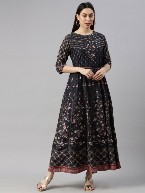 

GOLDSTROMS Women Black Geometric Printed Cold-Shoulder Sleeves Georgette Anarkali Kurta