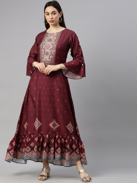 

GOLDSTROMS Women Maroon Ethnic Motifs Printed Flared Sleeves Georgette Anarkali Kurta