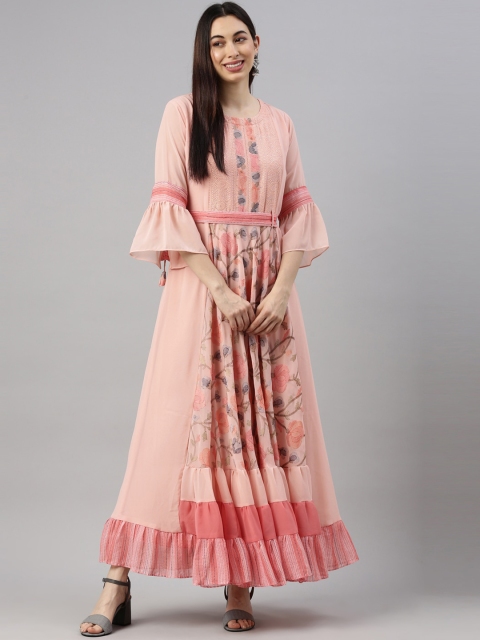 

GOLDSTROMS Women Peach-Coloured Ethnic Motifs Printed Flared Sleeves Georgette Anarkali Kurta