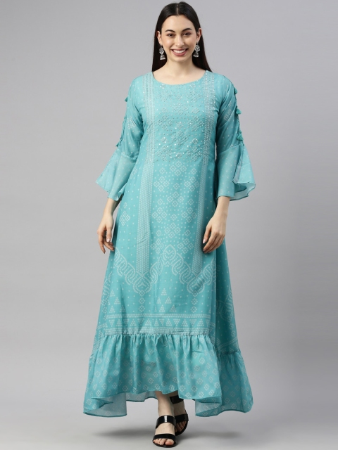 

GOLDSTROMS Women Blue Flared Sleeves Chikankari Georgette Anarkali Kurta