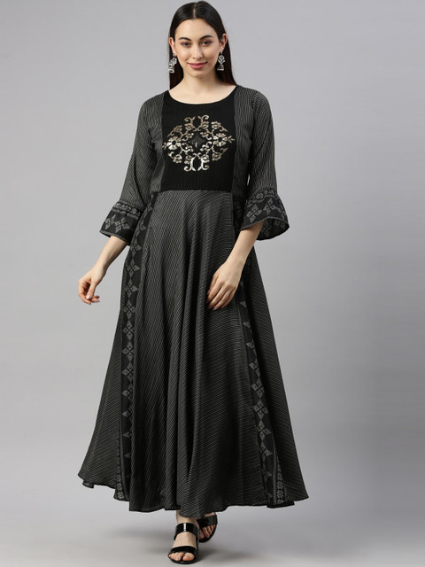 

GOLDSTROMS Women Green Embroidered Flared Sleeves Thread Work Georgette Anarkali Kurta