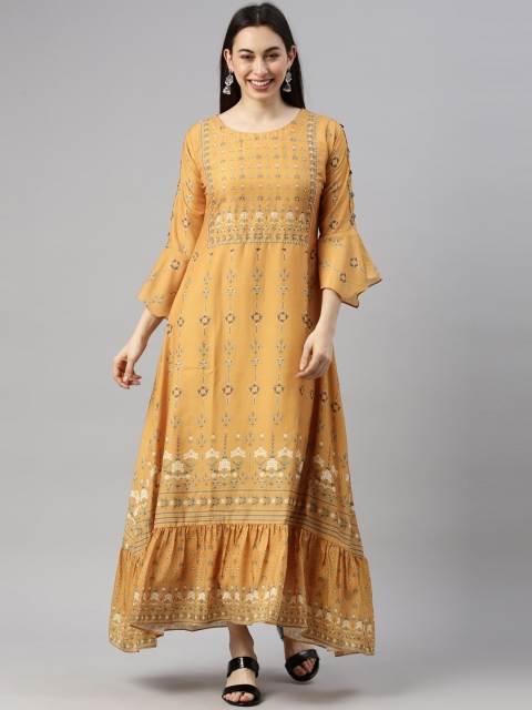 

GOLDSTROMS Women Mustard Yellow Embroidered Keyhole Neck Flared Sleeves Gotta Patti Georgette Anarkali Kurta