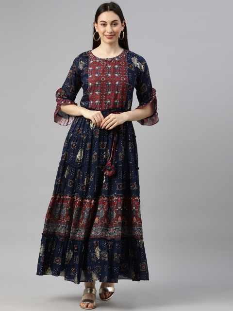 

GOLDSTROMS Women Navy Blue Embroidered Flared Sleeves Georgette Anarkali Kurta