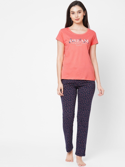

Sweet Dreams Women Coral & Navy Blue Printed Night suit