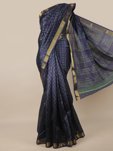 

Pothys Navy Blue & Gold-Toned Floral Printed Zari Saree