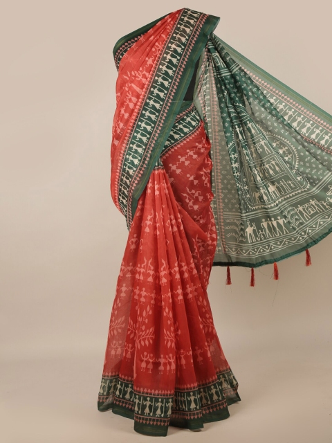 

Pothys Red & Green Ethnic Motifs Zari Jute Silk Saree