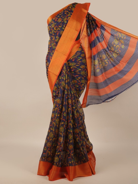 

Pothys Navy Blue & Orange Floral Zari Saree