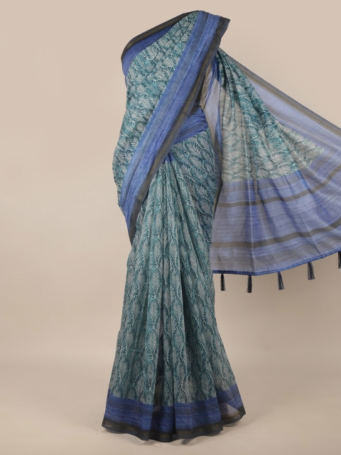 

Pothys Green & Blue Floral Printed Zari Jute Silk Saree